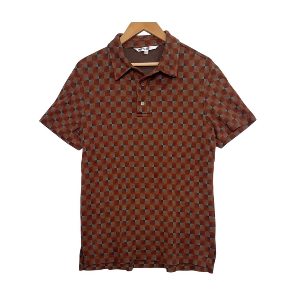 Mr Turk Polo Shirt Mens Medium Brown Knit Geometric Cotton Retro Heavyweight